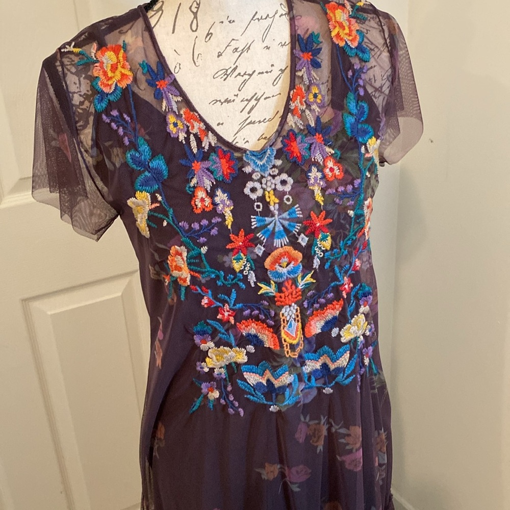 Johnny Was Biya Embroidered Floral Mesh v-neck Fairy like Dress with slip